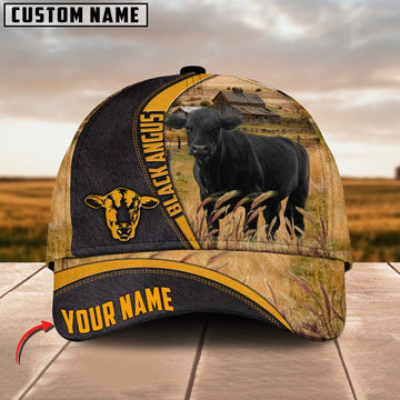 Black Angus On Farm Black Yellow Leather Pattern Customized 3D Cap, Farmer Cap, Vintage Farmer Hat, Mens Farmer Hats, Cap For Farmers