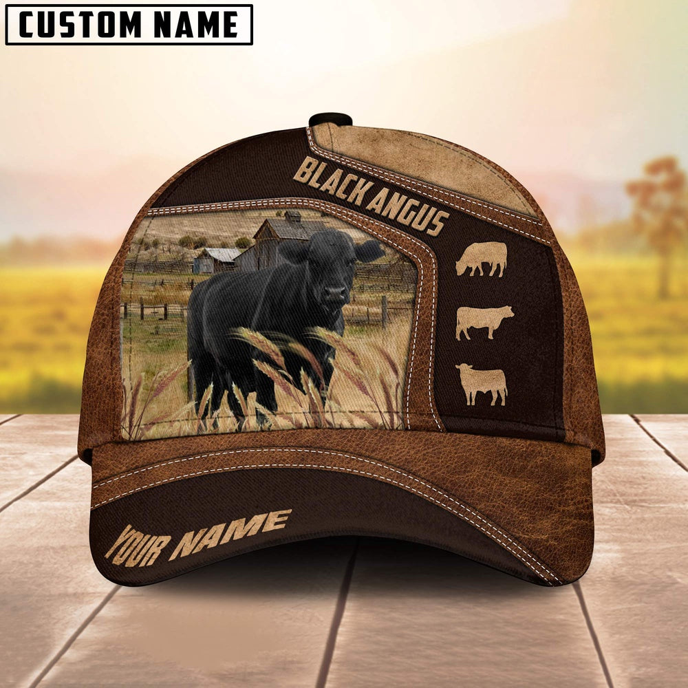 Black Angus On Farm Brown Leather Pattern Customized 3D Cap, Farmer Cap, Vintage Farmer Hat, Mens Farmer Hats, Cap For Farmers