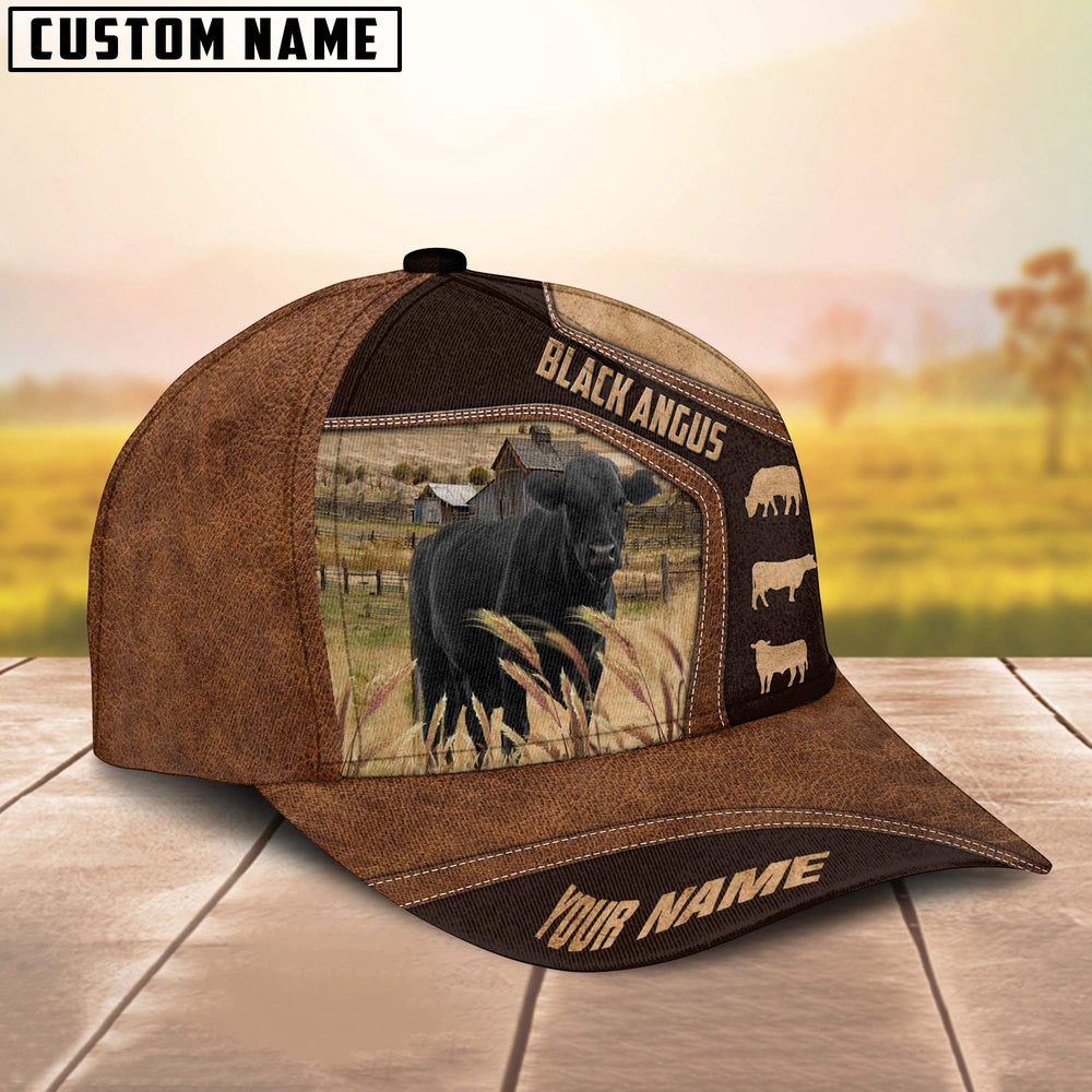 Black Angus On Farm Brown Leather Pattern Customized 3D Cap, Farmer Cap, Vintage Farmer Hat, Mens Farmer Hats, Cap For Farmers