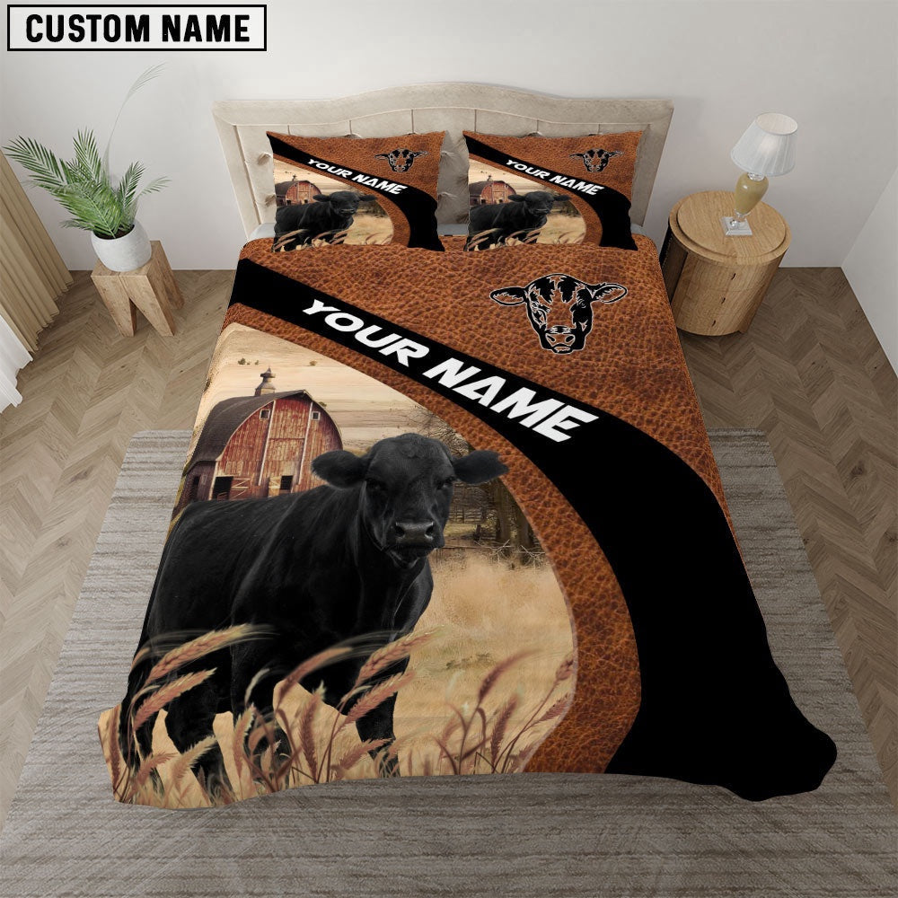 Black Angus On The Farm Customized Name Red Barn Bedding Set, Farm Bedding Set, Farmhouse Bedding Set
