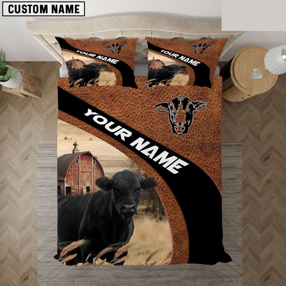 Black Angus On The Farm Customized Name Red Barn Bedding Set, Farm Bedding Set, Farmhouse Bedding Set