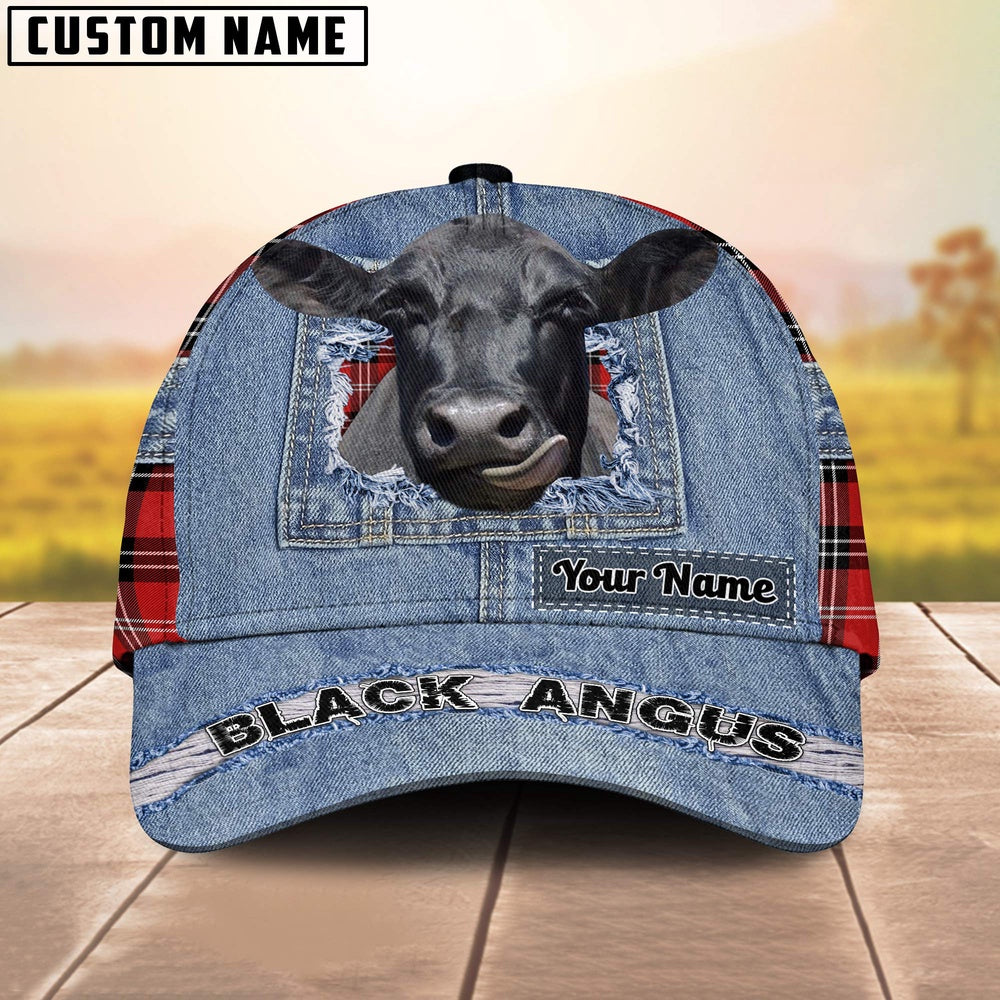 Black Angus Overall Jeans Pattern And Red Caro Pattern Customized Name Cap, Farmer Cap, Vintage Farmer Hat, Mens Farmer Hats, Cap For Farmers