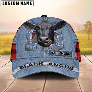 Black Angus Overall Jeans Pattern And Red Caro Pattern Customized Name Cap, Farmer Cap, Vintage Farmer Hat, Mens Farmer Hats, Cap For Farmers