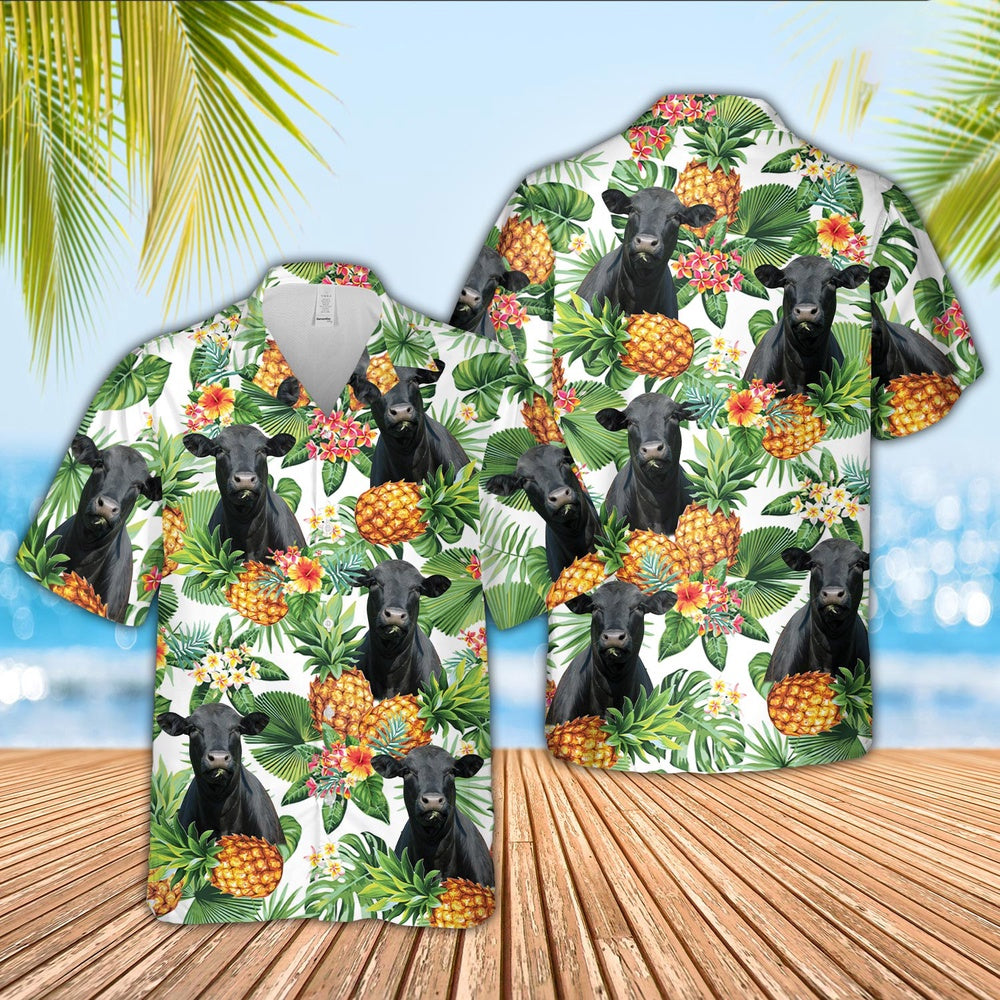 Black Angus Pineapple Pattern 3D Hawaiian Shirt, Farm Hawaiian Shirt, Farmer Hawaii
