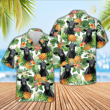 Black Angus Pineapple Pattern 3D Hawaiian Shirt, Farm Hawaiian Shirt, Farmer Hawaii