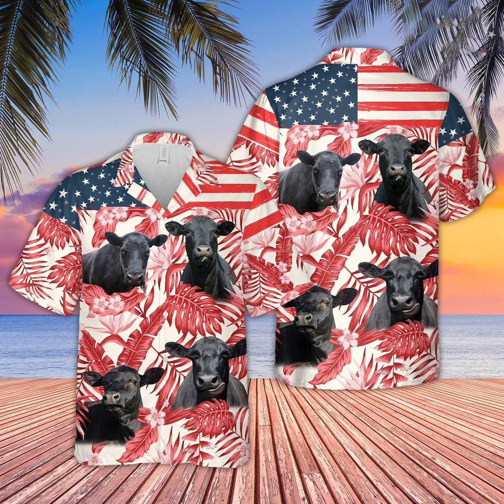 Black Angus Red Floral US Flag Hawaiian Shirt, Farm Hawaiian Shirt, Farmer Hawaii