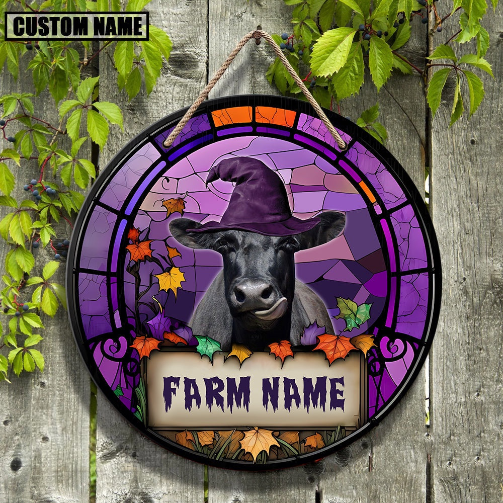 Black Angus Stained Glass Effect Personalized Name Happy Halloween Wooden Sign, Farm Wood Sign, Farm House Wood Signs
