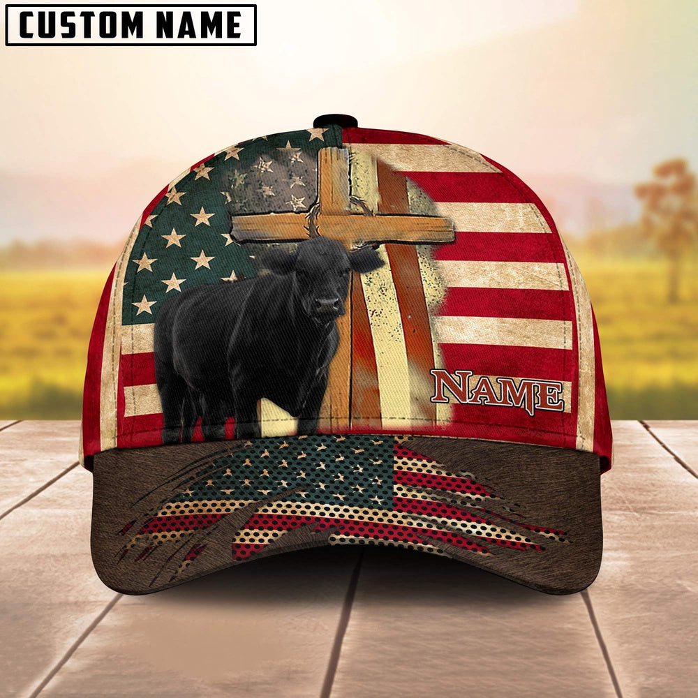 Black Angus USA Flag Customized Name Cap, Farmer Cap, Vintage Farmer Hat, Mens Farmer Hats, Cap For Farmers