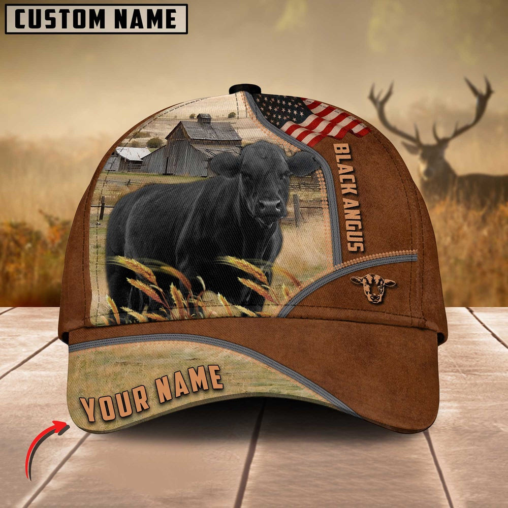 Black Angus US Flag Customized Name Brown Cap, Farmer Cap, Vintage Farmer Hat, Mens Farmer Hats, Cap For Farmers