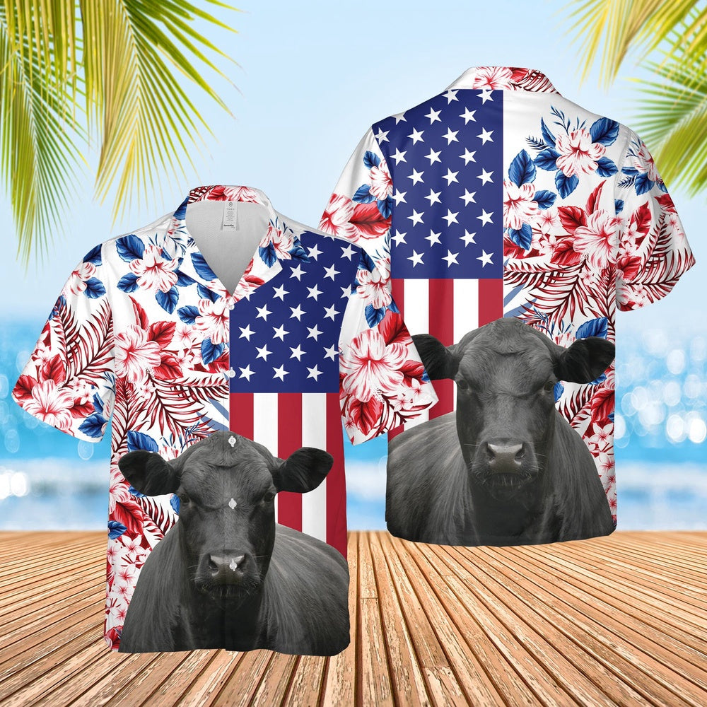 Black Angus US Flag Flower Hawaiian Shirt, Farm Hawaiian Shirt, Farmer Hawaii