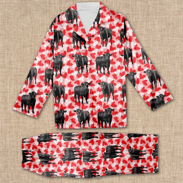Black Angus Valentine Pattern All Over Print Pajamas Sets, Farm Pajamas, Farm Animal Pajamas, Christmas Farm Pajamas