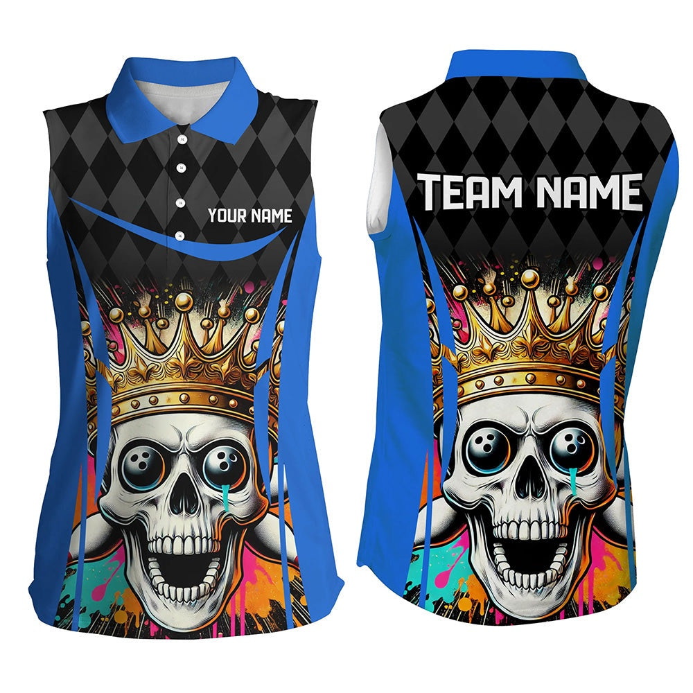 Black Argyle Pattern Colorful Skull Custom Bowling Sleeveless Polo Shirt Personalized Bowling Polo, Women Bowling Shirts