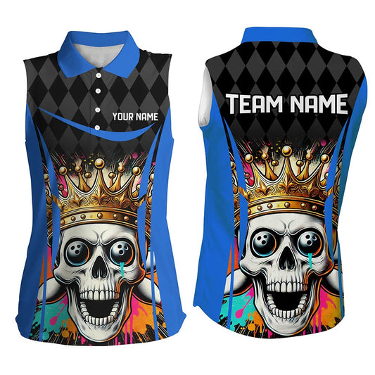 Black Argyle Pattern Colorful Skull Custom Bowling Sleeveless Polo Shirt Personalized Bowling Polo, Women Bowling Shirts