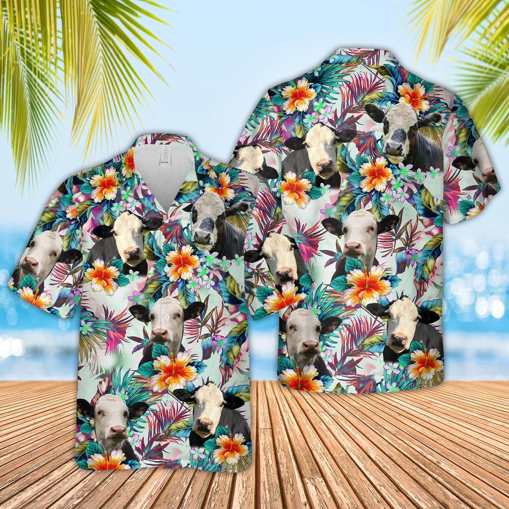 Black Baldy Cows with Flowers Hawaiian Shirt, Farm Hawaiian Shirt, Farmer Hawaii