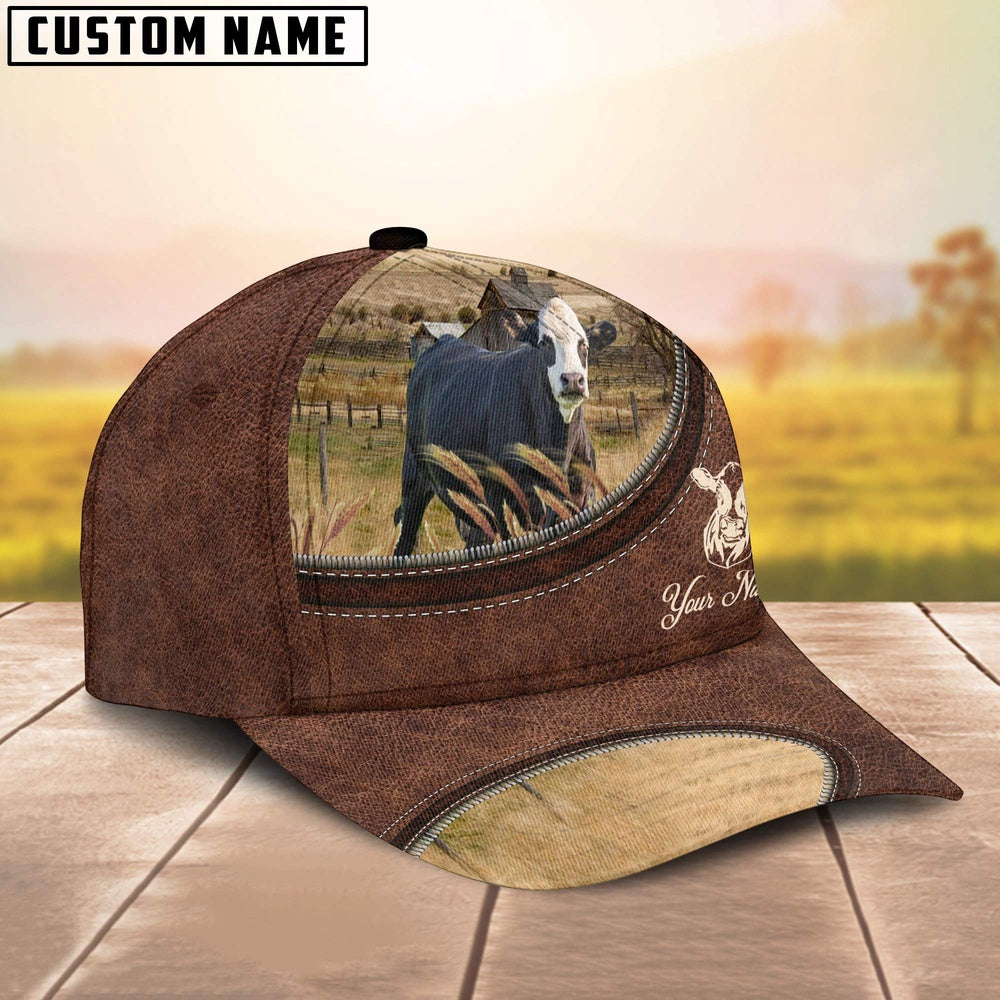 Black Baldy On The Farm Customized Name Leather Pattern Cap, Farmer Cap, Vintage Farmer Hat, Mens Farmer Hats, Cap For Farmers