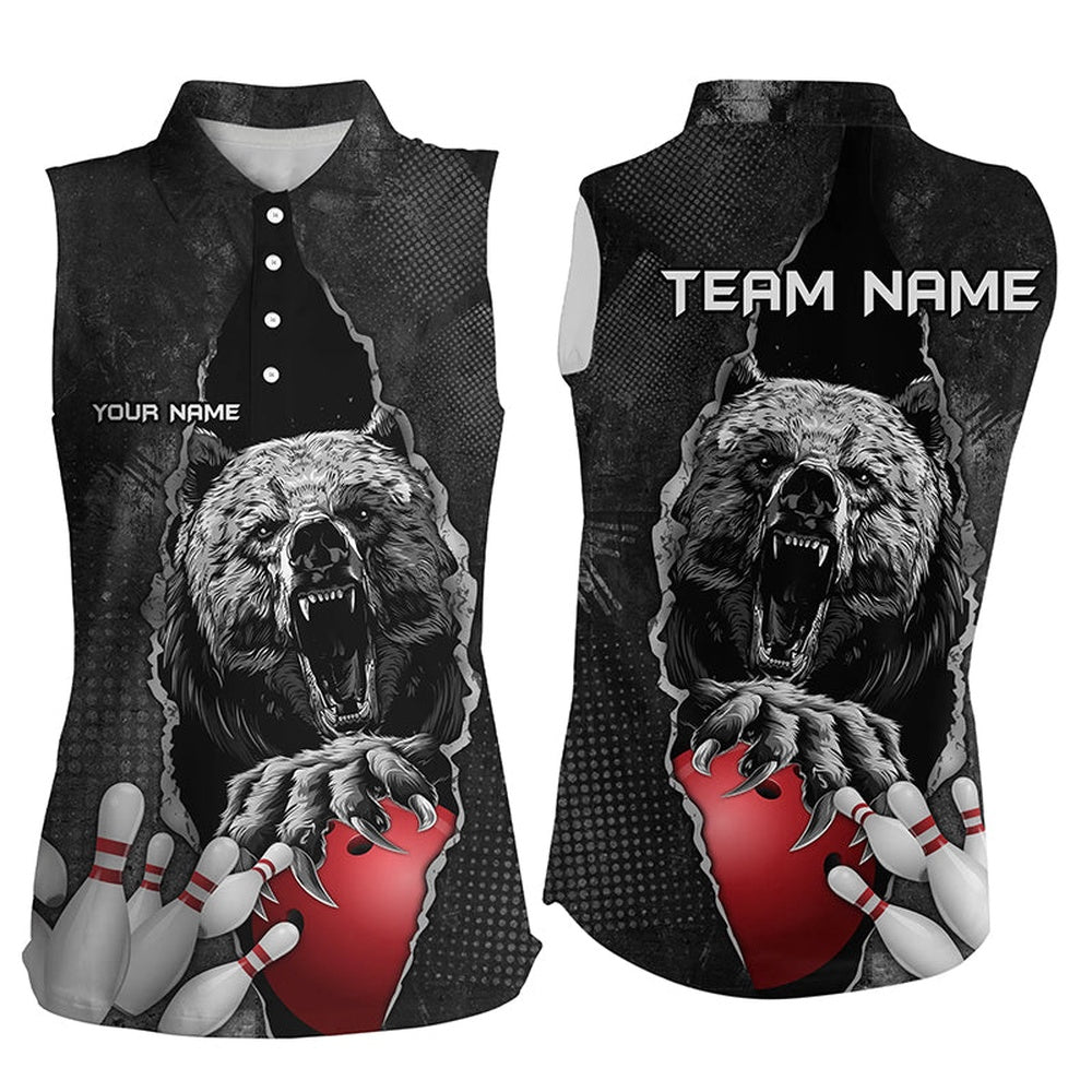 Black Bear Grunge Pattern Custom Womens Sleeveless Polo Shirts Bowling Team Polo Outfits, Women Bowling Shirts