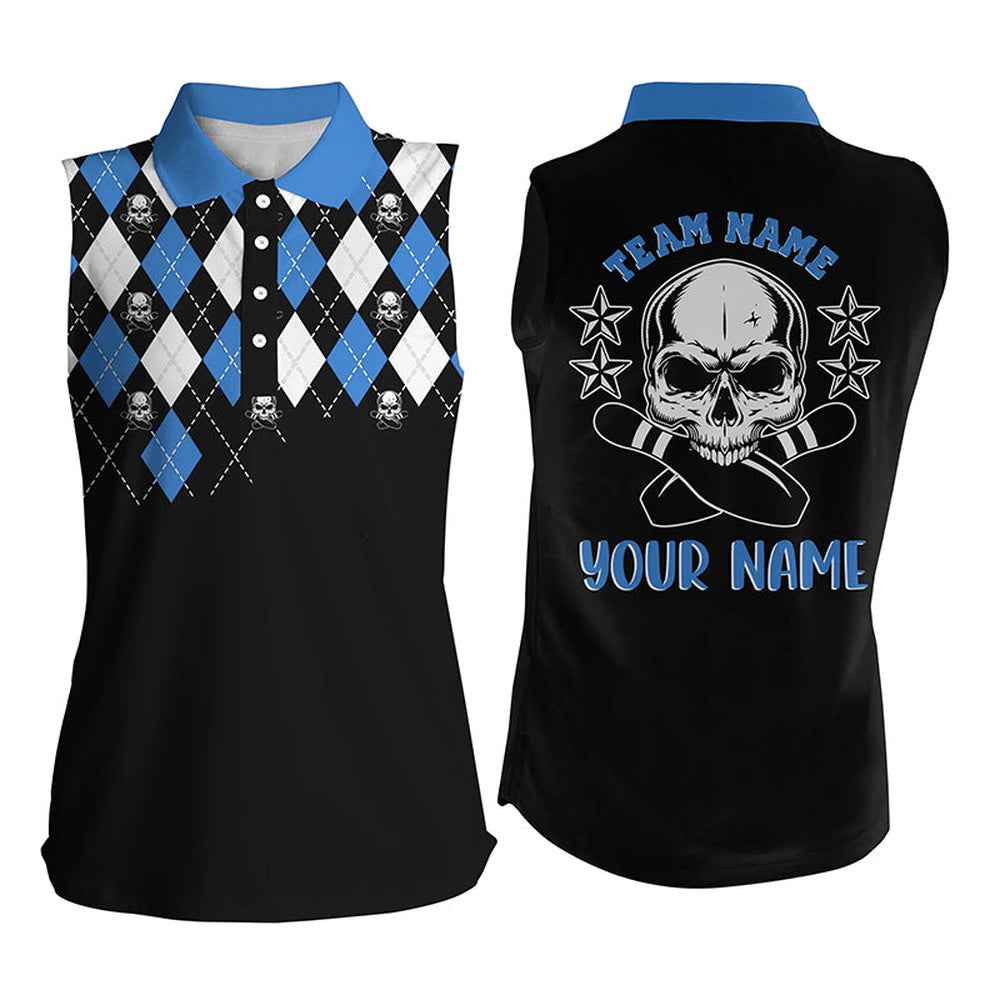 Black Blue Argyle Pattern Bowling Skull Custom Bowling Sleeveless Polo Shirts Women, Bowling Polo, Women Bowling Shirts