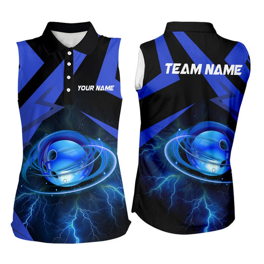 Black & Blue Lightning Thunder Bowling Ball Bowling Sleeveless Polo Custom Team Bowling League Polo, Women Bowling Shirts