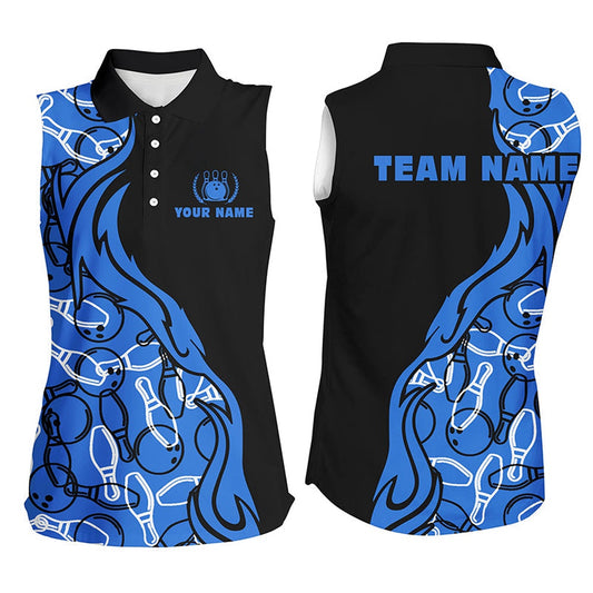 Black Blue Pattern Bowling Sleeveless Polo Shirts For Women, Custom Team Bowling Polo For Girl, Women Bowling Shirts