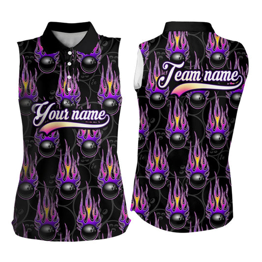 Black Bowling Ball Camo Purple Flame Women Bowling Sleeveless Polo Shirt Custom Bowling Team Polo, Women Bowling Shirts