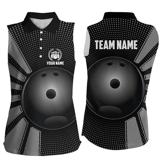 Black Bowling Ball Sleeveless Polo Shirts Custom Team Bowling Polo, Gift For Bowlers, Women Bowling Shirts