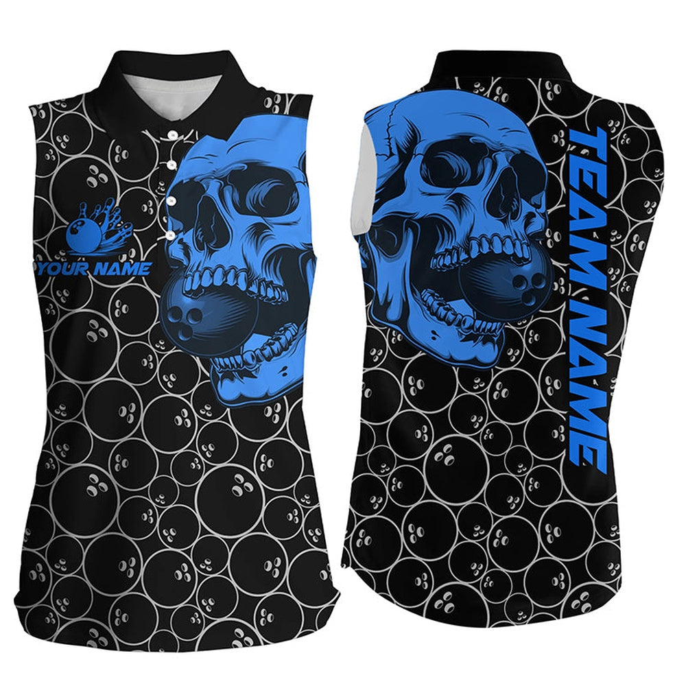 Black Bowling Camo Blue Skull Bowling Sleeveless Polo Shirts Custom Bowling Team Polo, Women Bowling Shirts
