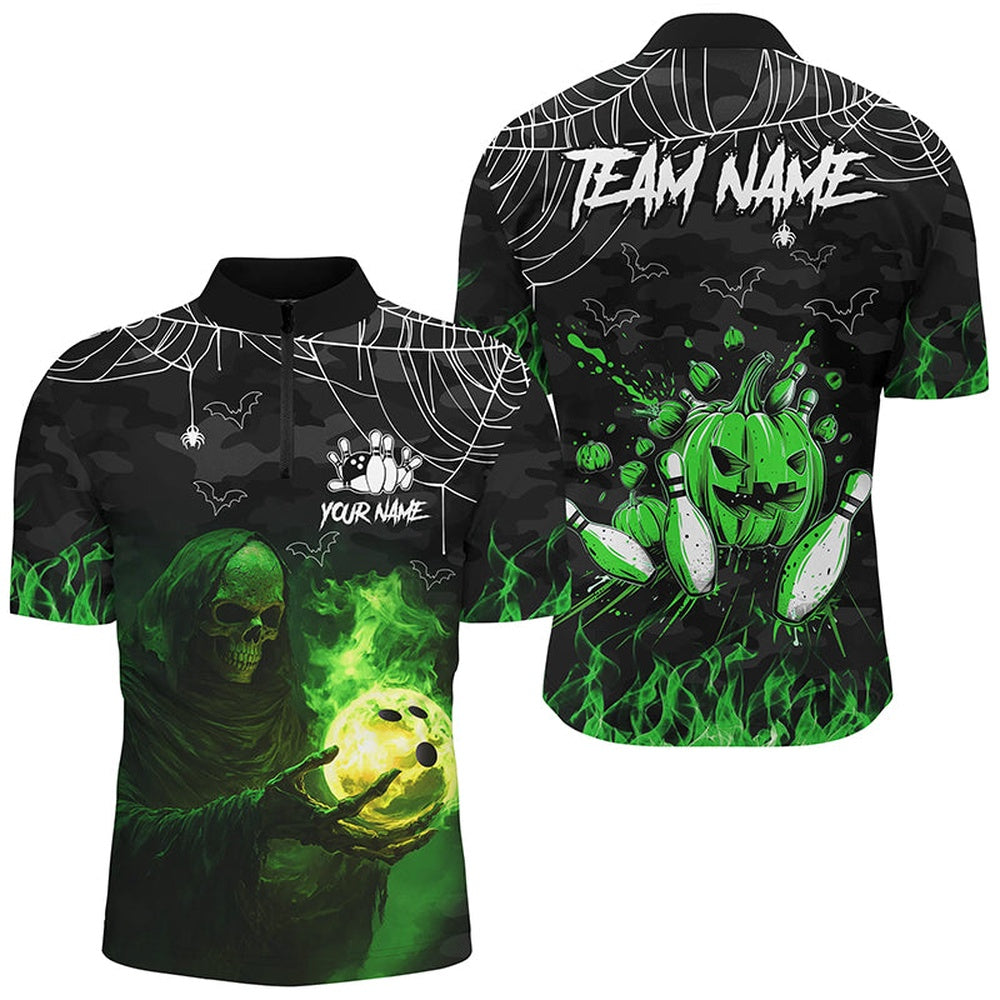 Black Bowling Camo Green Flame Skull Custom Halloween Bowling Shirts For Men, Bowling Team Jerseys, Bowling Jersey Shirt