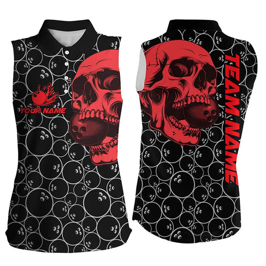 Black Bowling Camo Red Skull Bowling Sleeveless Polo Shirts Custom Bowling Team Polo, Women Bowling Shirts