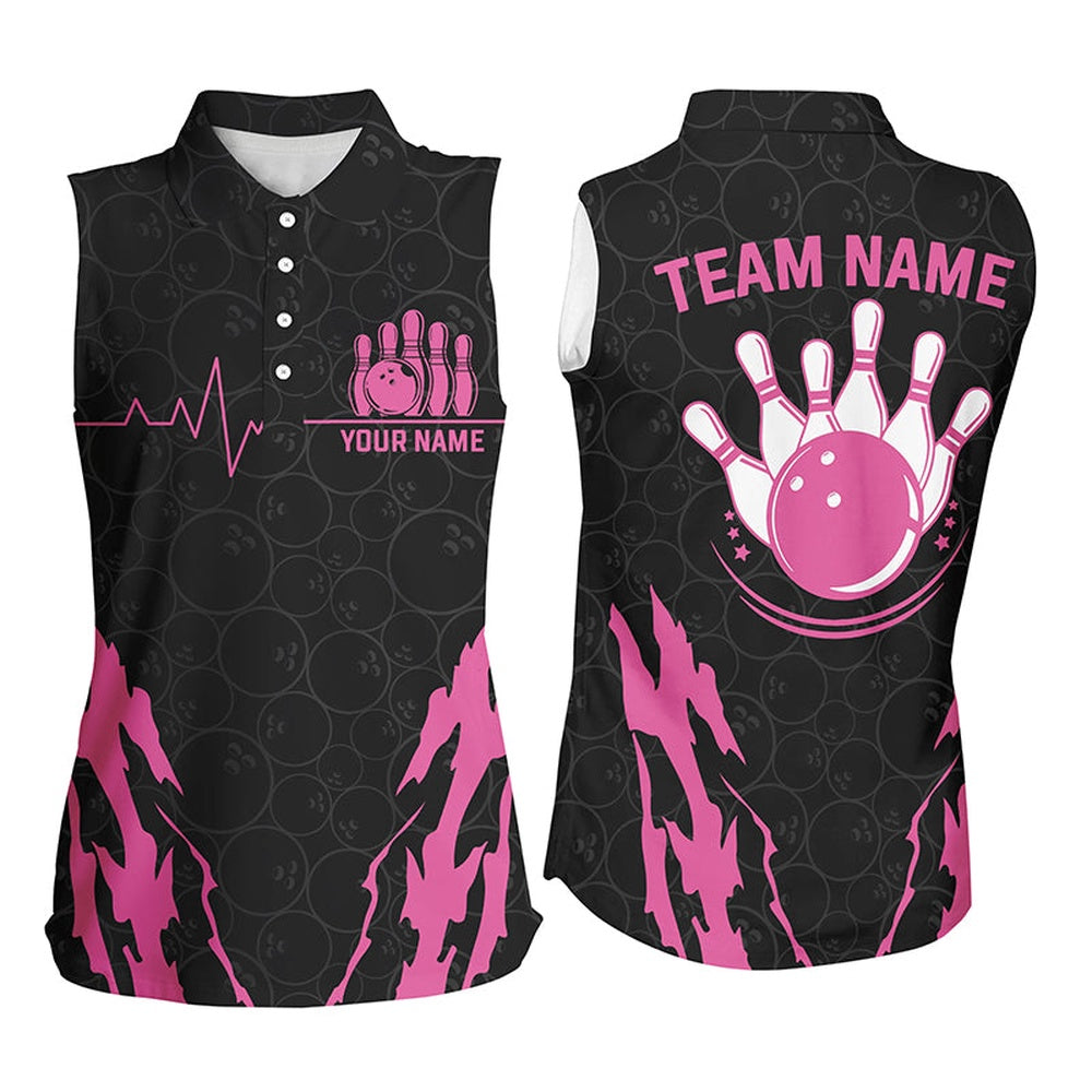Black Bowling Camo Sleeveless Polo Shirt Cool Custom Polo For Team Bowlers Pink, Women Bowling Shirts