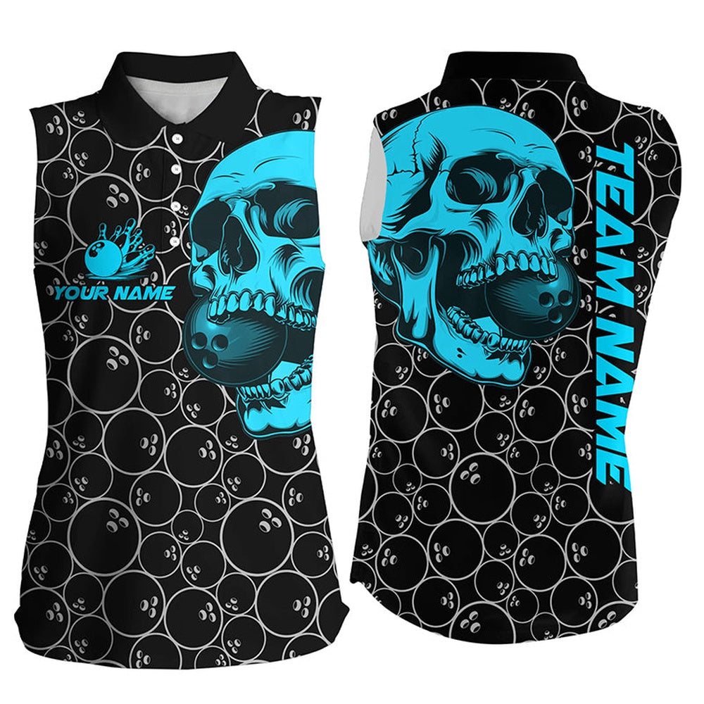 Black Bowling Camo Turquoise Skull Bowling Sleeveless Polo Shirts Custom Bowling Team Polo, Women Bowling Shirts