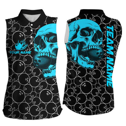 Black Bowling Camo Turquoise Skull Bowling Sleeveless Polo Shirts Custom Bowling Team Polo, Women Bowling Shirts