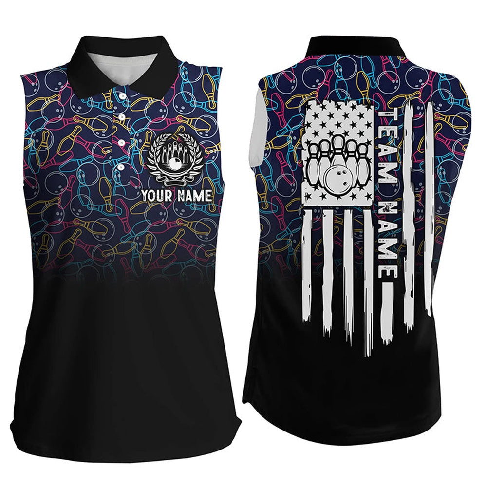 Black Bowling Camo Women Sleeveless Polo Shirts Custom American Flag Patriotic Bowling Team Polo, Women Bowling Shirts