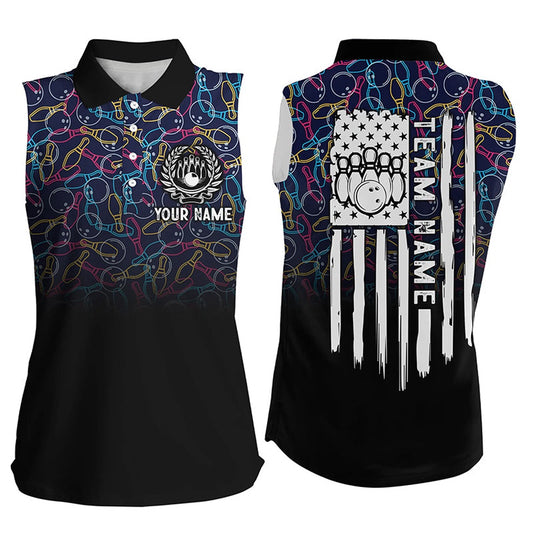 Black Bowling Camo Women Sleeveless Polo Shirts Custom American Flag Patriotic Bowling Team Polo, Women Bowling Shirts