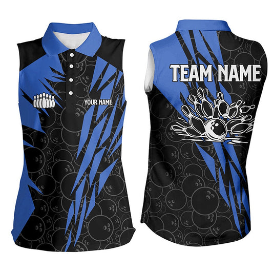 Black Bowling Camo Women Sleeveless Polo Shirts Custom Bowling Strike Team League Polo Blue, Women Bowling Shirts
