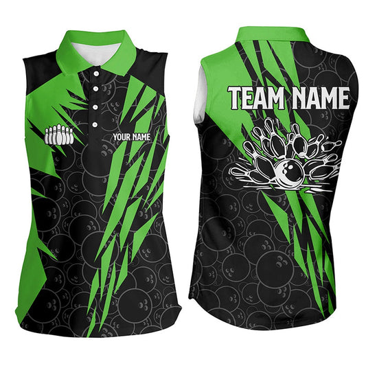 Black Bowling Camo Women Sleeveless Polo Shirts Custom Bowling Strike Team League Polo Green, Women Bowling Shirts