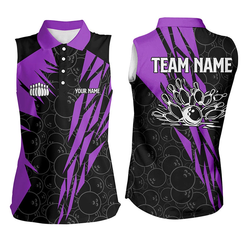 Black Bowling Camo Women Sleeveless Polo Shirts Custom Bowling Strike Team League Polo Purple, Women Bowling Shirts