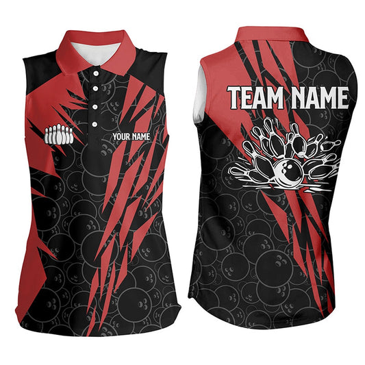 Black Bowling Camo Women Sleeveless Polo Shirts Custom Bowling Strike Team League Polo Red, Women Bowling Shirts