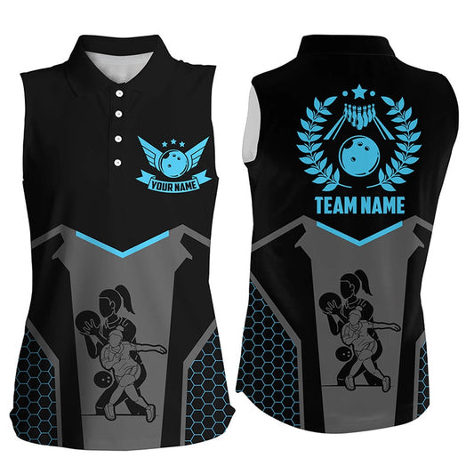 Black Bowling Polo For Women Custom Retro Bowling Sleeveless Polo Shirt For Team Bowlers Blue, Women Bowling Shirts