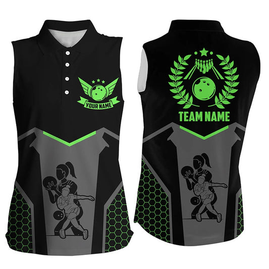 Black Bowling Polo For Women Custom Retro Bowling Sleeveless Polo Shirt For Team Bowlers Green, Women Bowling Shirts