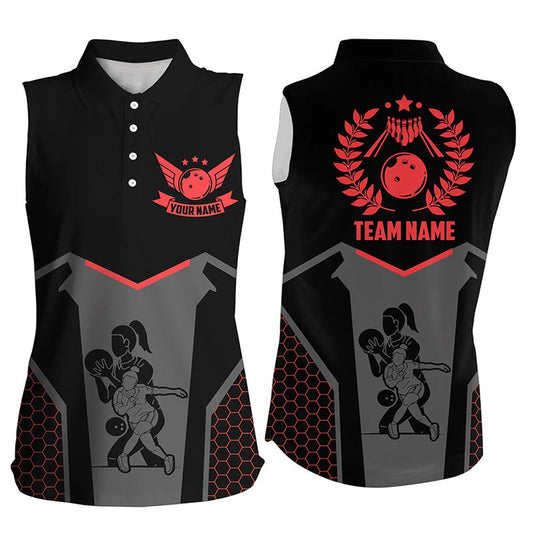 Black Bowling Polo For Women Custom Retro Bowling Sleeveless Polo Shirt For Team Bowlers Red, Women Bowling Shirts
