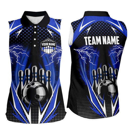 Black Bowling Sleeveless Polo Shirt Custom Blue Lightning Team Ladies Bowler Polo Bowling Outfit, Women Bowling Shirts