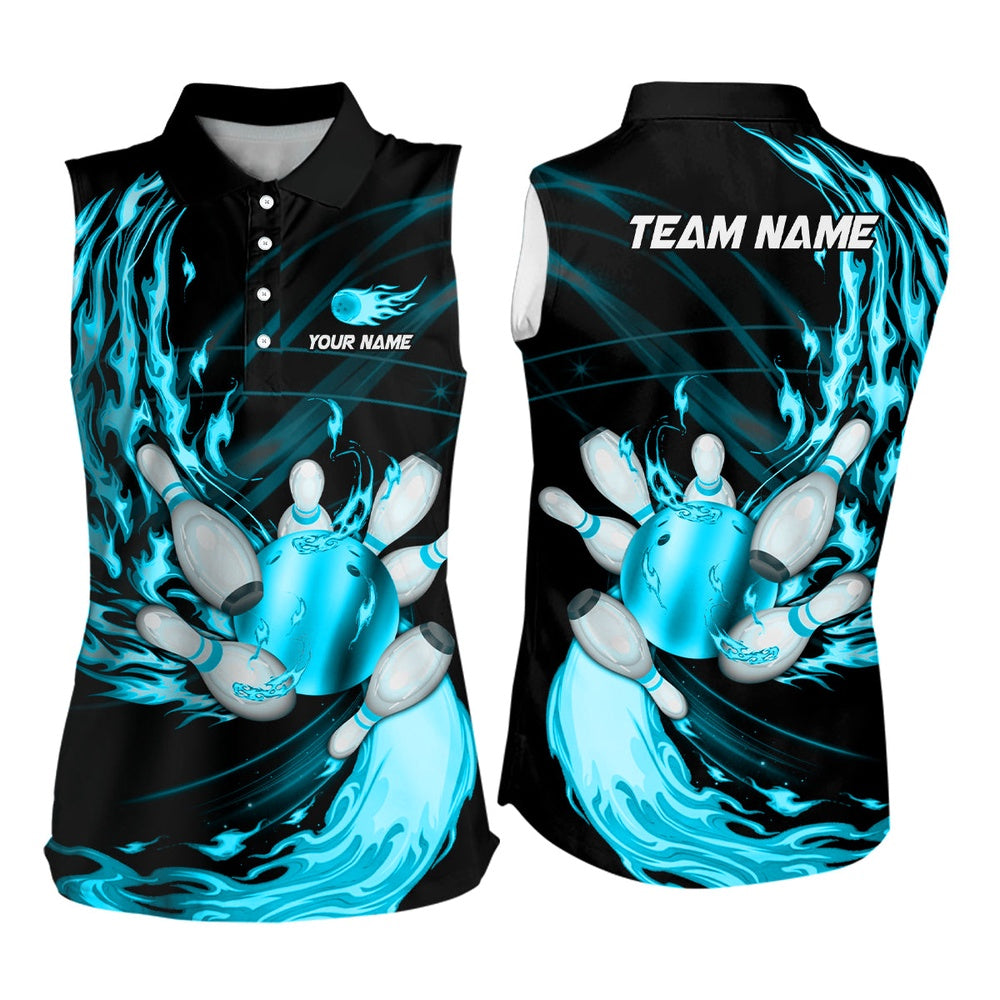 Black Bowling Sleeveless Polo Shirt Custom Cyan Blue Flame Bowling Ball Pins Team League Bowler Polo, Women Bowling Shirts