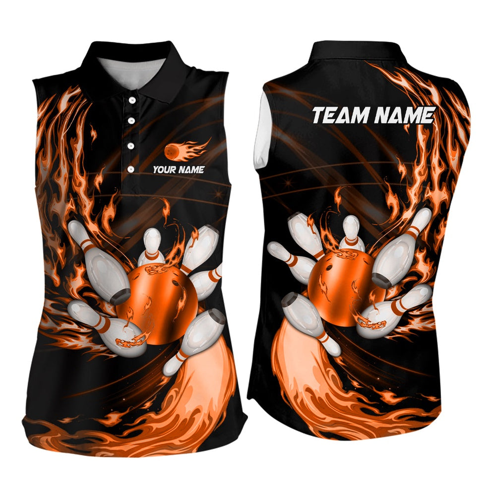 Black Bowling Sleeveless Polo Shirt Custom Orange Flame Bowling Ball Pins Team League Bowler Polo, Women Bowling Shirts