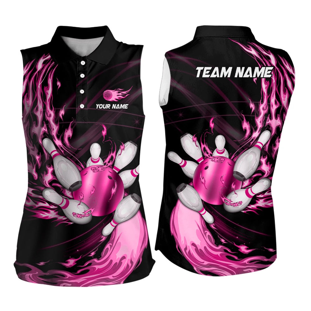 Black Bowling Sleeveless Polo Shirt Custom Pink Flame Bowling Ball And Pins Team League Bowler Polo, Women Bowling Shirts