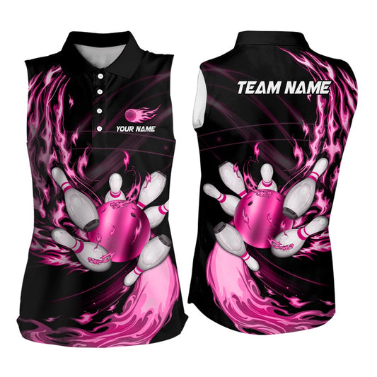 Black Bowling Sleeveless Polo Shirt Custom Pink Flame Bowling Ball And Pins Team League Bowler Polo, Women Bowling Shirts