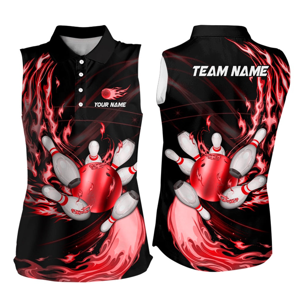 Black Bowling Sleeveless Polo Shirt Custom Red Flame Bowling Ball And Pins Team League Bowler Polo, Women Bowling Shirts