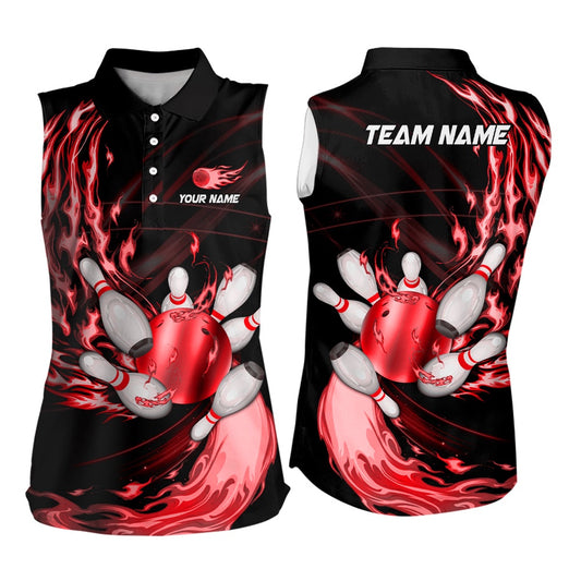 Black Bowling Sleeveless Polo Shirt Custom Red Flame Bowling Ball And Pins Team League Bowler Polo, Women Bowling Shirts