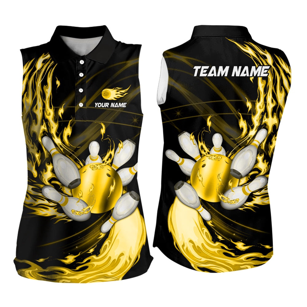 Black Bowling Sleeveless Polo Shirt Custom Yellow Flame Bowling Ball Pins Team League Bowler Polo, Women Bowling Shirts