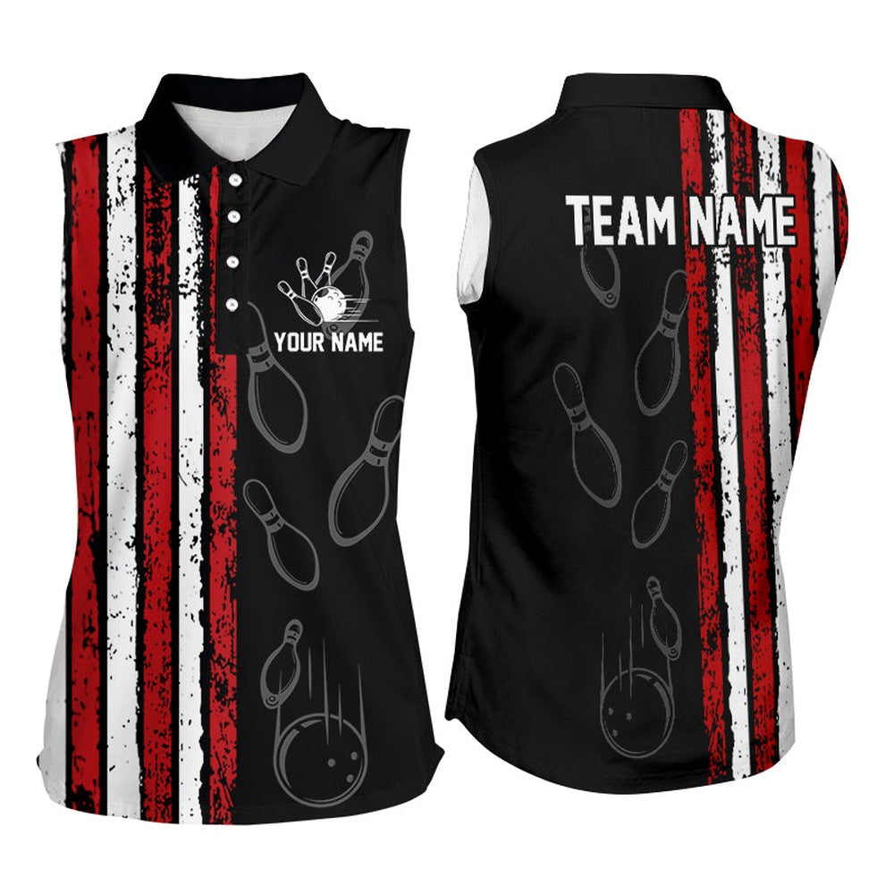 Black Camo American Flag Bowling Sleeveless Polo Shirt For Women Custom Patriotic Team Bowling Polo, Women Bowling Shirts