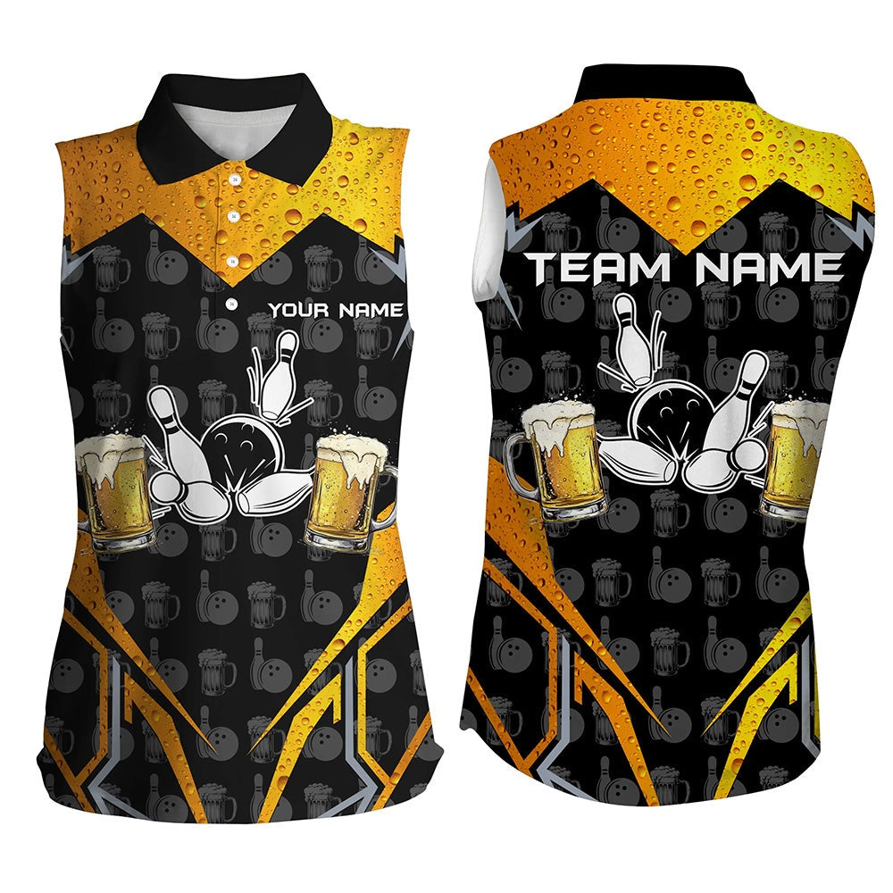 Black Camo Bowling Beer Customize Bowling Sleeveless Polo Shirt, Team Bowling Polo Gift For Bowlers, Women Bowling Shirts